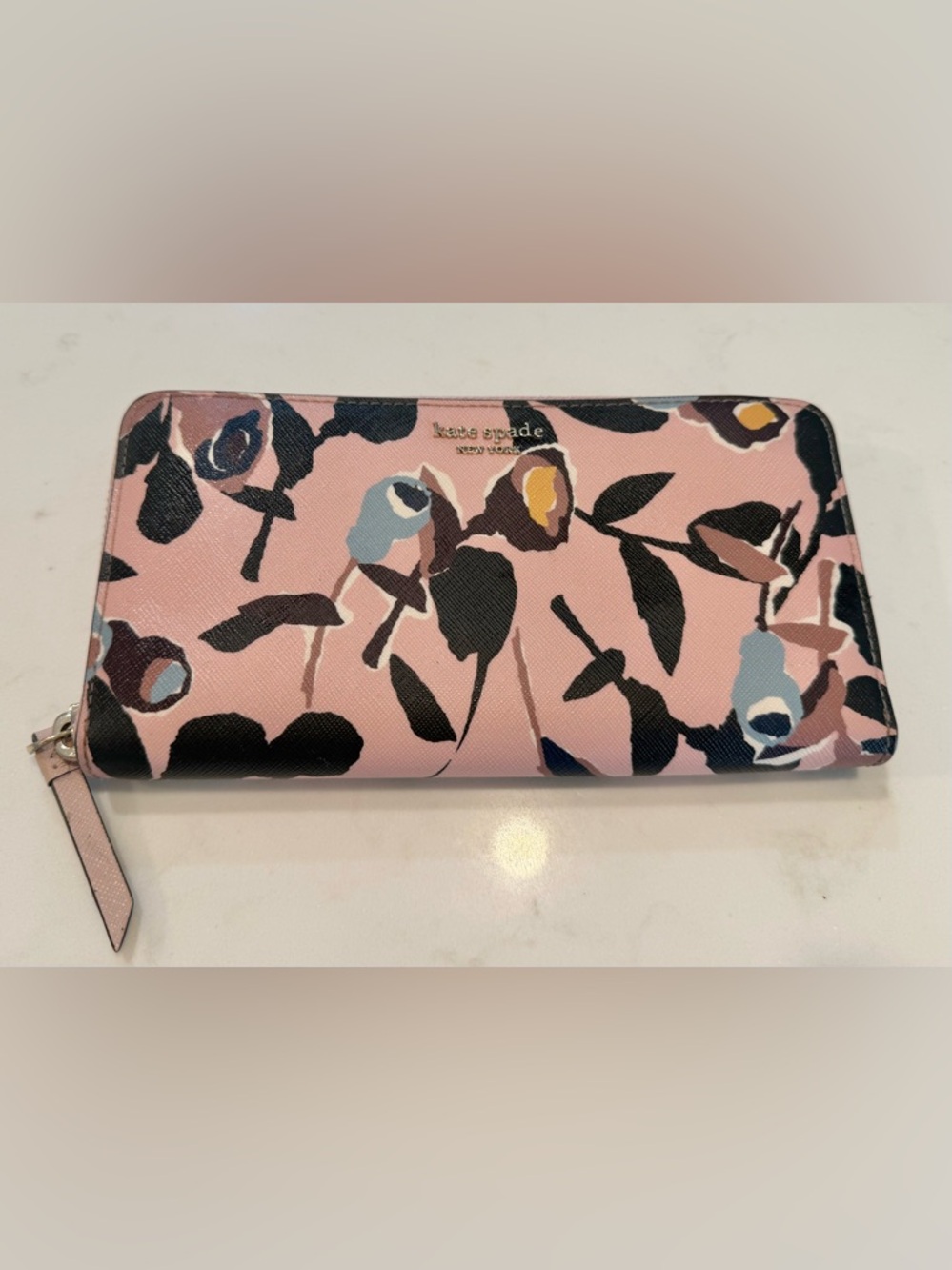kate spade Pink Floral Zip-Around Wallet with Gold Logo